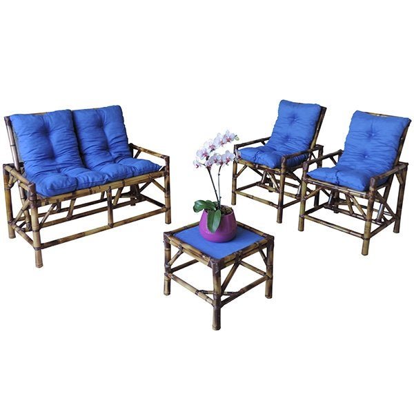 Kit Sofá de Bambu 4 Lugares com Almofadas Azul - 1