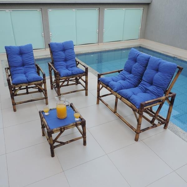 Kit Sofá de Bambu 4 Lugares com Almofadas Azul - 2