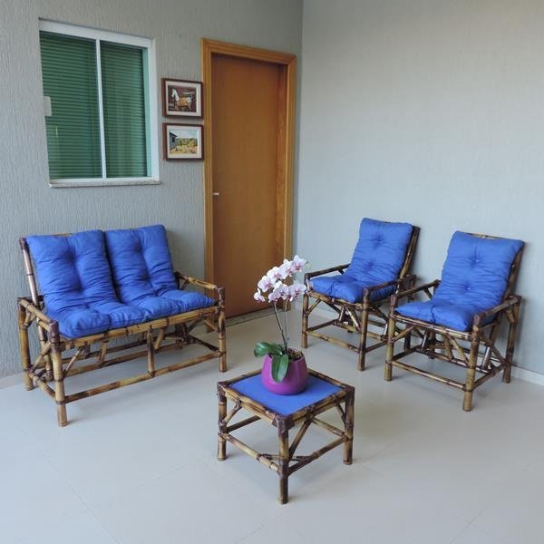 Kit Sofá de Bambu 4 Lugares com Almofadas Azul - 3