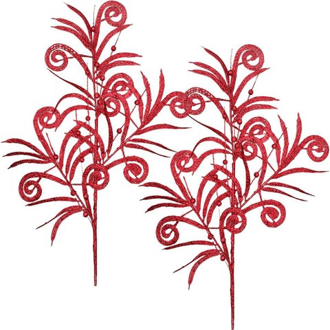 Plantas Folhas Enfeite Natal Gliter Vermelho 70cm Kit 12pçs