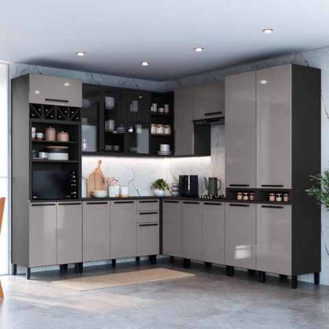 Cozinha Modulada Completa de Canto 8 Peças 519cm 18 Portas 2 Gavetas com Tampo Mônaco Chumbo/Titânio