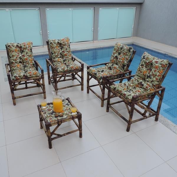 Kit Cadeiras de Bambu 4 Lugares com Almofadas Borboletas - 2