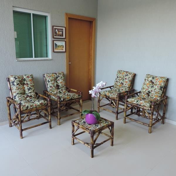Kit Cadeiras de Bambu 4 Lugares com Almofadas Borboletas - 3