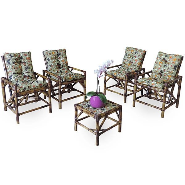 Kit Cadeiras de Bambu 4 Lugares com Almofadas Borboletas - 1