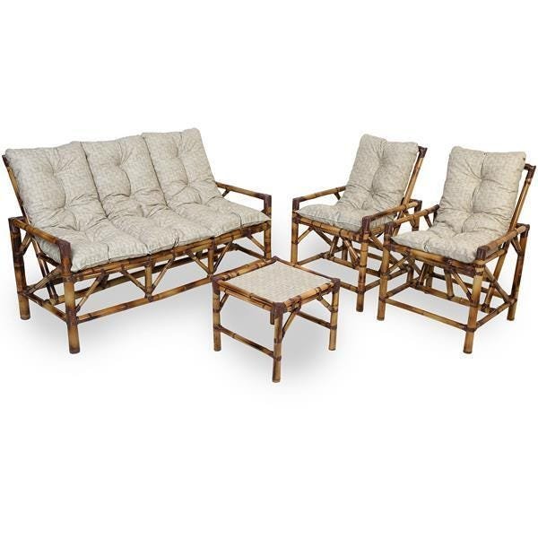 Kit Sofá e Cadeiras de Bambu 5L com Almofadas Impermeáveis Bege