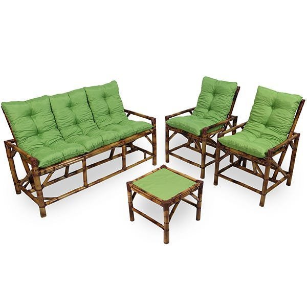 Kit Sofá e Cadeiras de Bambu 5L com Almofadas Verde - 1