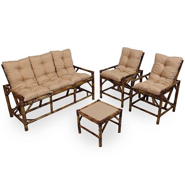 Kit Sofá e Cadeiras de Bambu 5L com Almofadas Nude - 1