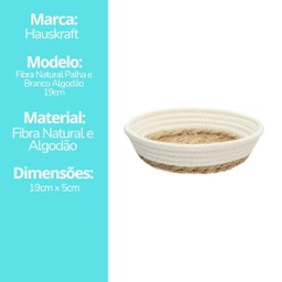 Cesto Fibra Natural Palha com Forro Branco Lateral Algodão 19cm - Hauskraft - 4