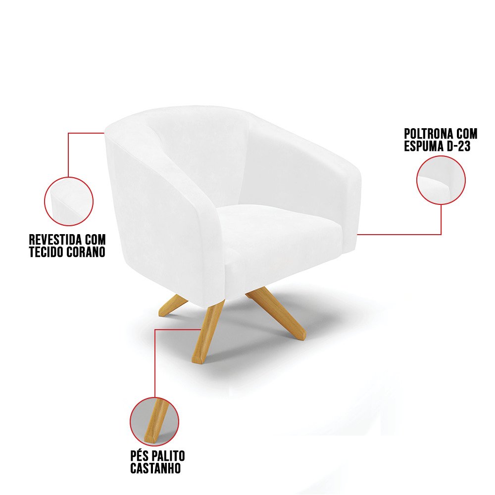 Kit 02 Poltronas Giratória Stella Corano Branco Base Madeira MA30 - D'Rossi - 7