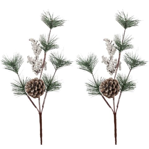 Kit 2 Galhos Natal Folhagens com Pinha e Berries Branco Nevado 46cm Decorativo - Magizi