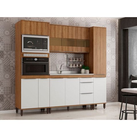 Cozinha Completa Modulada 288cm 4 Peças 10 Portas 3 Gavetas MDP Mel Branco - Clicklar