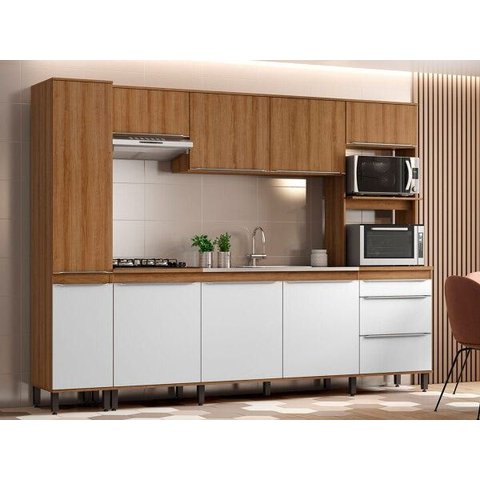 Cozinha Completa Modulada 286cm 2 Peças 10 Portas 2 Gavetas Mdp Mel Branco - Clicklar