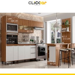 Cozinha Completa Modulada Ilha Gourmet 268/135cm 6 Peças 10 Portas 3 Gavetas MDP Mel Branco - Clicklar - 2