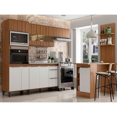 Cozinha Completa Modulada Ilha Gourmet 268/135cm 6 Peças 10 Portas 3 Gavetas MDP Mel Branco - Clicklar