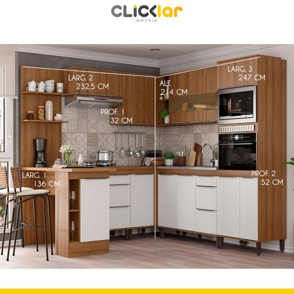 Cozinha de Canto Completa Modulada Ilha 232/247cm 9 Peças 14 Portas 4 Gavetas MDP Mel Branco - Clicklar - 2