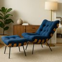 Ver imagem 1 de Poltrona Moderna Costela com Puff Apoio para Pés em Suede:azul