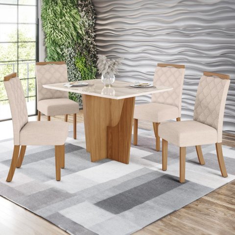 Mesa de Jantar 4 Lugares Artemis com Vidro Nature/off White/linho - Panorama Móveis