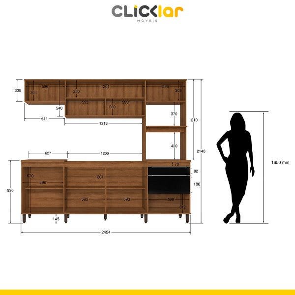 Cozinha Completa Compacta Paola 246cm 8 Portas 2 Gavetas MDP Mel Preto - Clicklar - 6