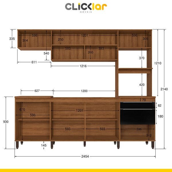 Cozinha Completa Compacta Paola 246cm 8 Portas 2 Gavetas MDP Mel Preto - Clicklar - 5