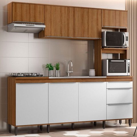 Cozinha Completa Compacta Paola 246cm 8 Portas 2 Gavetas MDP Mel Branco - Clicklar