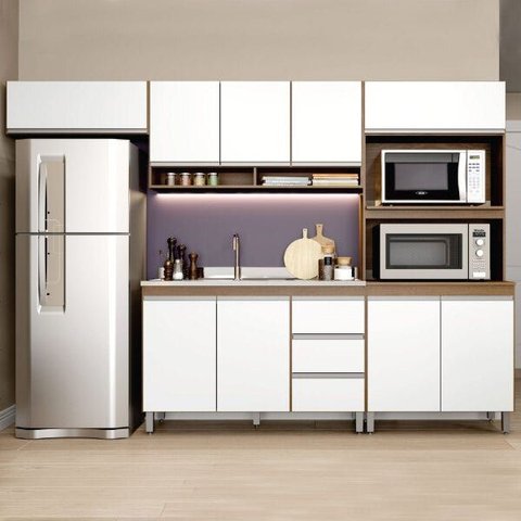 Cozinha Completa Modulada Bela 280cm 4 Peças 9 Portas 3 Gavetas Mdp Branco Avelã - Clicklar