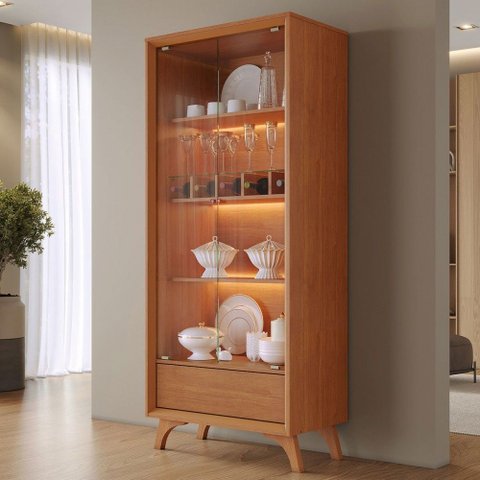 Cristaleira Prime 2 Portas 1 Gaveta com Vidro e Led Naturalle - Mavaular