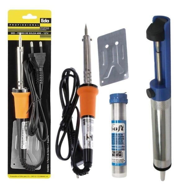 Kit Ferro Solda + Tubete Estanho com Resina e Sugador Solda - 127v 30W