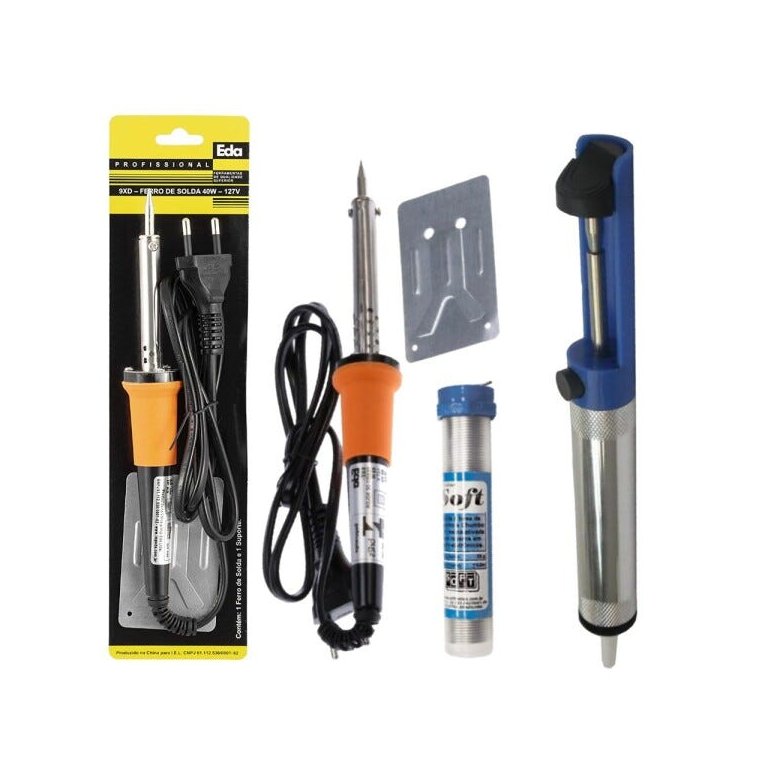 Kit Ferro Solda + Tubete Estanho com Resina e Sugador Solda - 127v 40W
