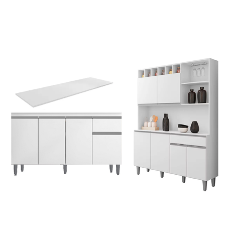 Cozinha Compacta Alice e Balcão Tatiane 150mt com Tampo Mdp Branco - Ajl