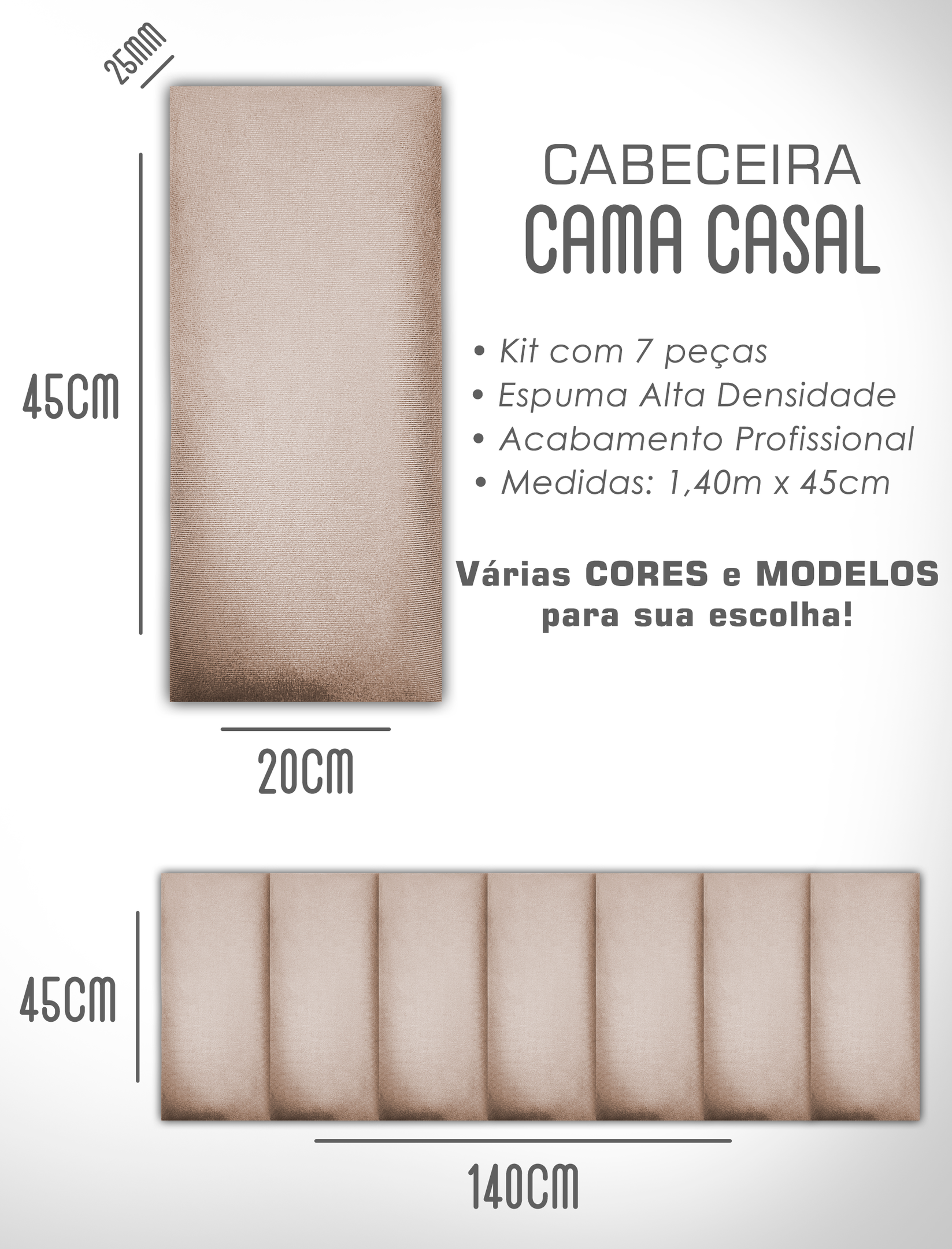 Kit 7 Cabeceiras de Cama Box Casal Estofada Modulada 1,40mx45cm - 6