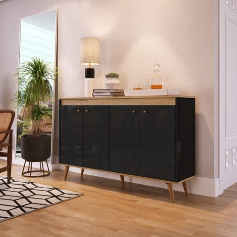 Aparador Buffet Balcão Retrô para Sala 135cm Viena Pé Palito Mdp Mel Preto Brilho - Clicklar