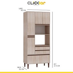 Armário Paneleiro Cozinha New 4 Portas 3 Gavetas 93 x 214cm Fornos MDP Nogueira Café Pt90 - Clicklar - 3