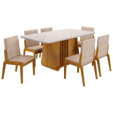 Kit Mesa de Jantar Harpa com 6 Cadeiras Sinfonia em Linho Naturale/off White/creme