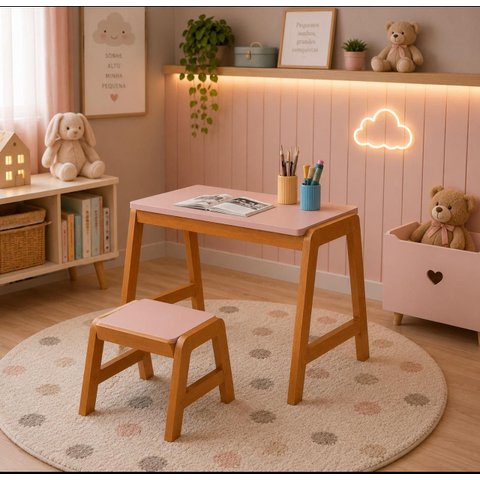 Conjunto Mesa e Banco Infantil Encanto Madeira Pinus Rosa