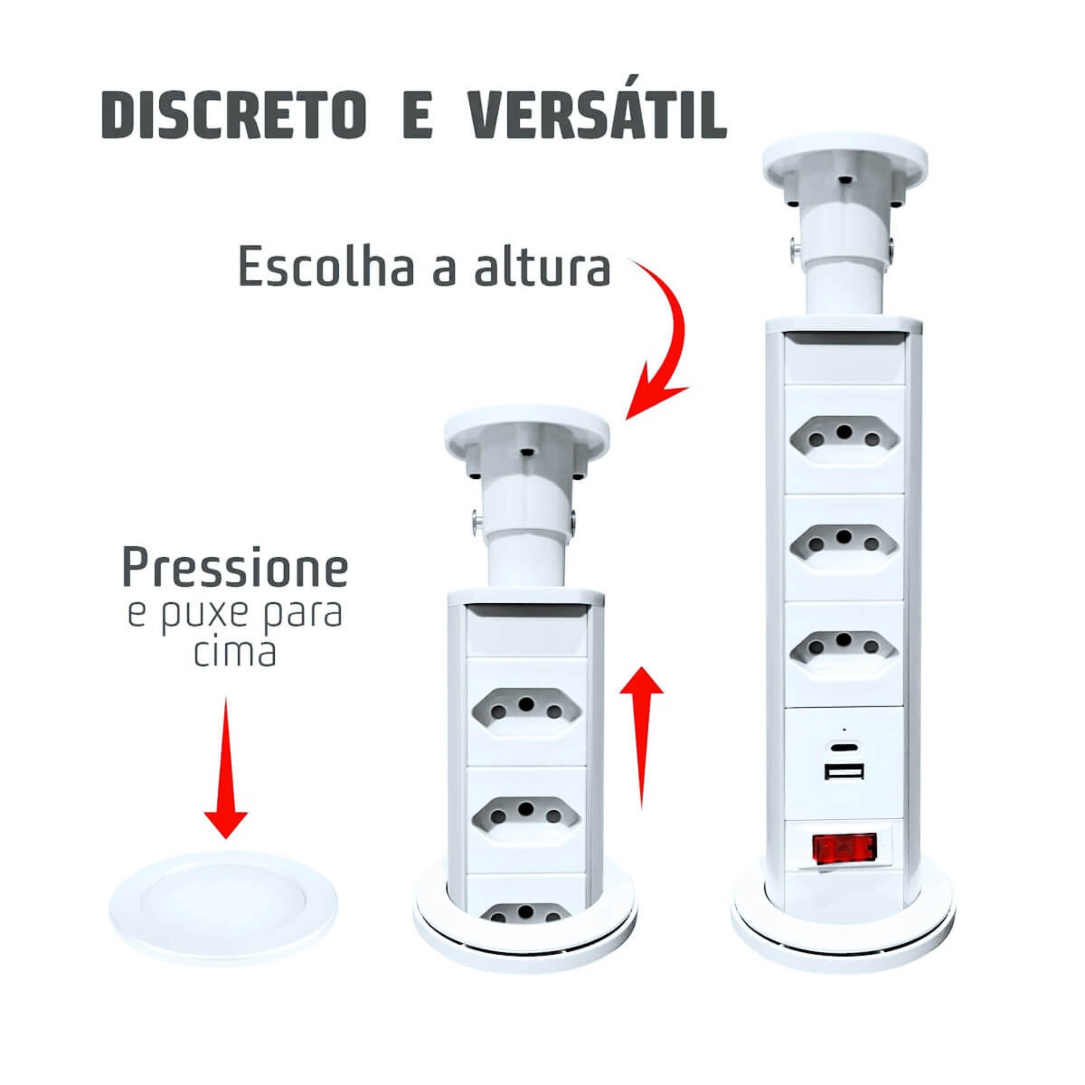 Tomada de Embutir Retrátil com 3 Tomadas, Usb e Tipo C – Bivolt Branco - 6