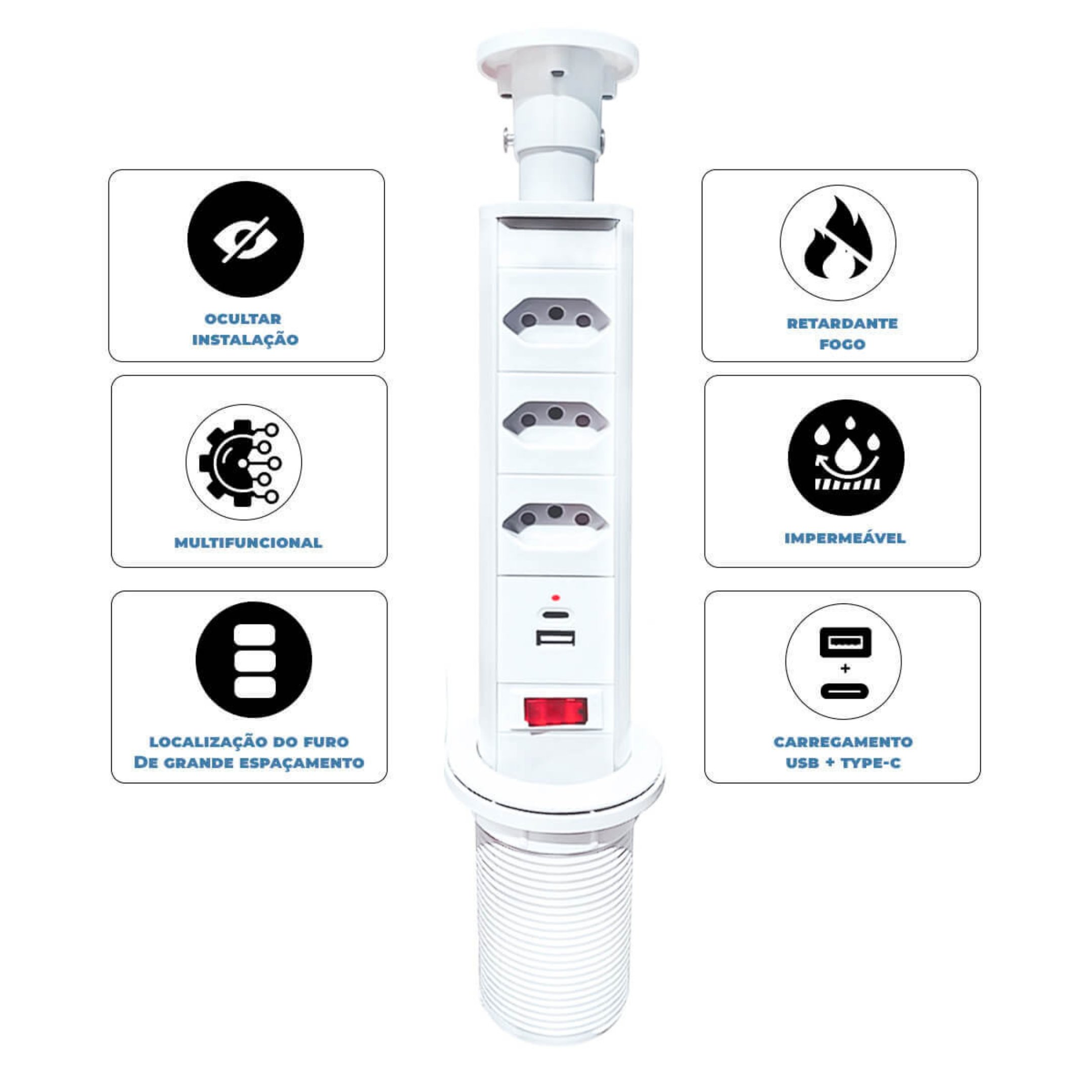 Tomada de Embutir Retrátil com 3 Tomadas, Usb e Tipo C – Bivolt Branco - 4