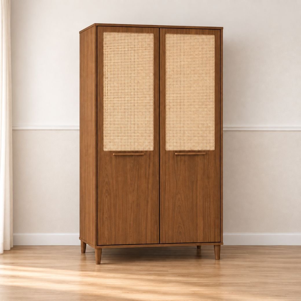 Guarda-Roupa 2 Portas com Tela de Rattan Cor Nogueira | MadeiraMadeira