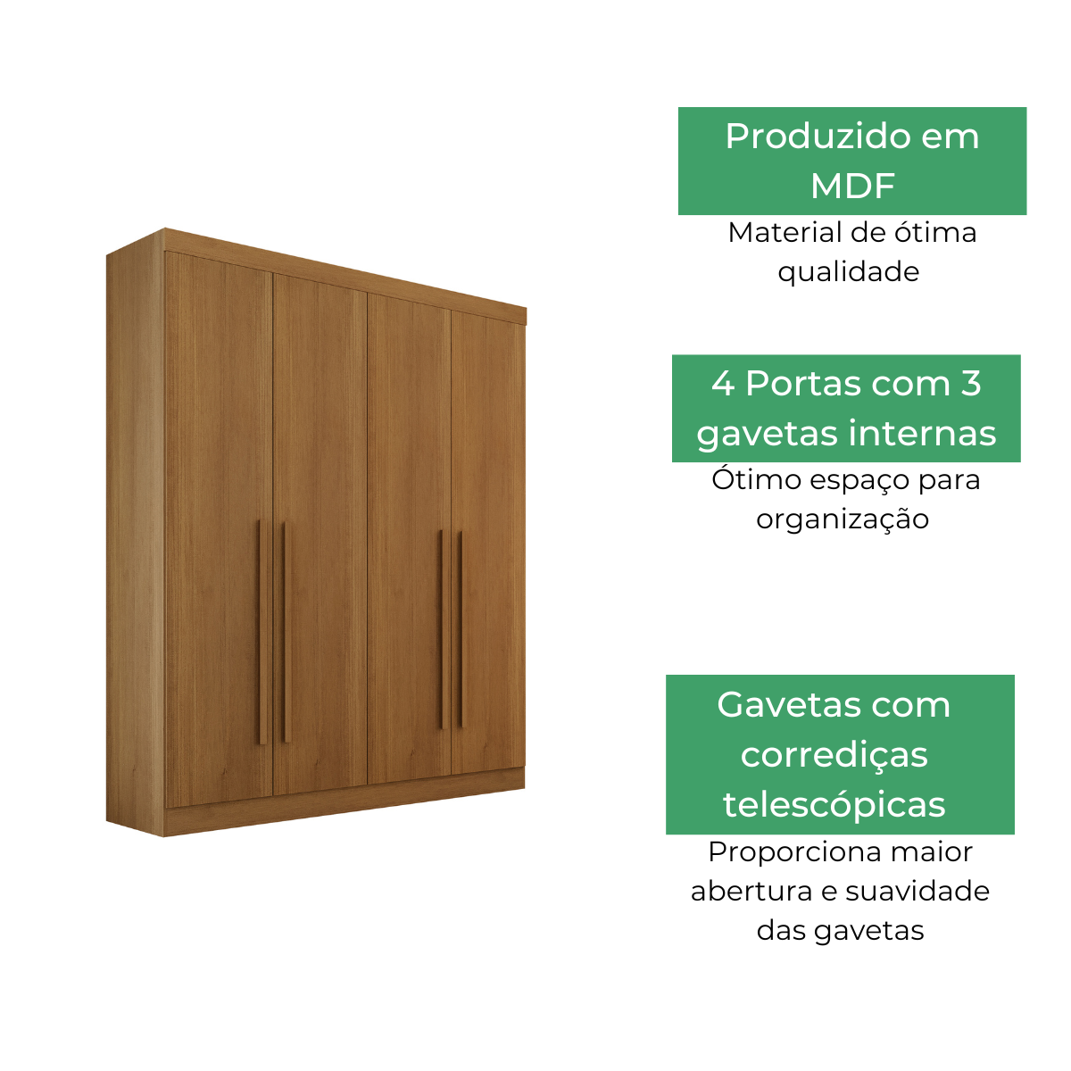 Guarda Roupa Solteiro 4 Portas 3 Gavetas Da Vinci D'Doro Cinamomo - 3