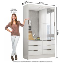 Guarda Roupa Com 2 Portas De Correr Premium 6 Gavetas Com Espelho Sevilha Carioca Móveis Branco - 3