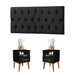 Conjunto Cabeceira Painel Paris 1,40 Suede Capitone Preta e 2 Mesas de Cabeceira Pérola Preta - 1