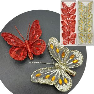 Presilhas Enfeite Natal Borboleta Vermelho Dourado 8cm 12pçs