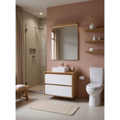 Gabinete para Banheiro Dubai 1 Porta 1 Gaveta MDF 80cm Amadeirado e Branco com Cuba e Espelho On