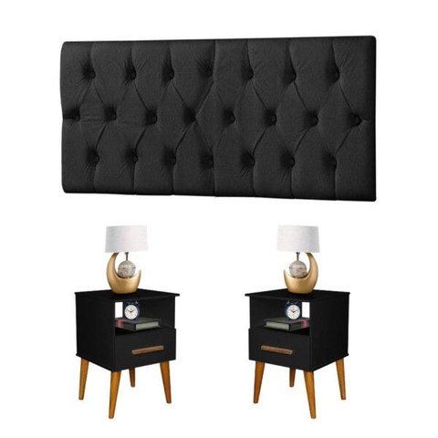 Conjunto Cabeceira Painel Paris 1,60 Suede Capitone Preto e 2 Mesas de Cabeceira Pérola Preta
