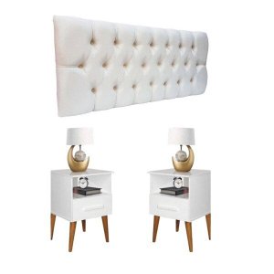 Conjunto Cabeceira Painel Paris 1,40 Suede Capitonê Areia e 2 Mesas de Cabeceira Pérola Branca