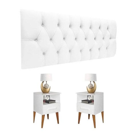 Conjunto Cabeceira Painel Paris 1,60 Capitone Corino Branca e Mesa de Cabeceira Pérola Branca