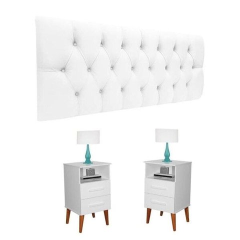 Conjunto Cabeceira Painel Paris 1,40 Capitone Branca e 02 Mesas de Cabeceira Rubi Branca
