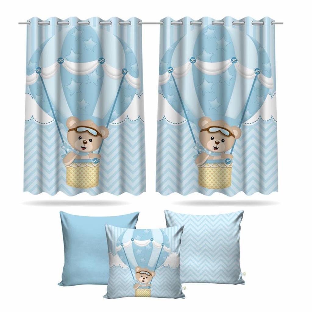 Kit Cortina Infantil Ursinho Baloeiro Md1 + 3 Capas Almofada