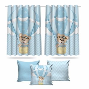 Kit Cortina Infantil Ursinho Baloeiro Md1 + 3 Capas Almofada