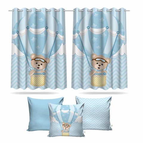 Kit Cortina Infantil Ursinho Baloeiro Md1 + 3 Capas Almofada