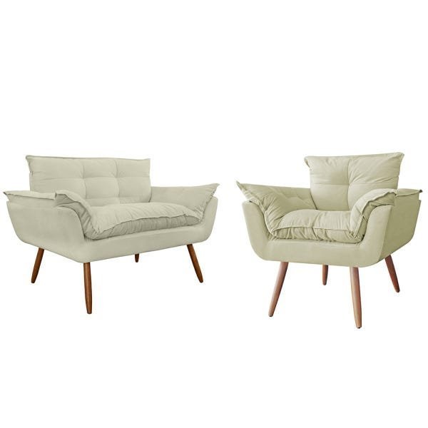 Combo Namoradeira Sofá 02 lugares mais 01 Poltrona decorativa Opalla Pés Palito Bege - DS - 1